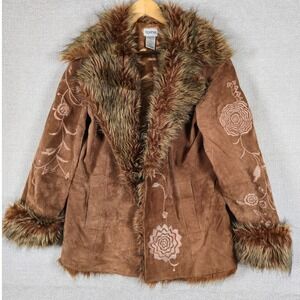 Y2K Together Womens Suede Leather Penny Lane Coat Faux Fur Floral Embroidered 12
